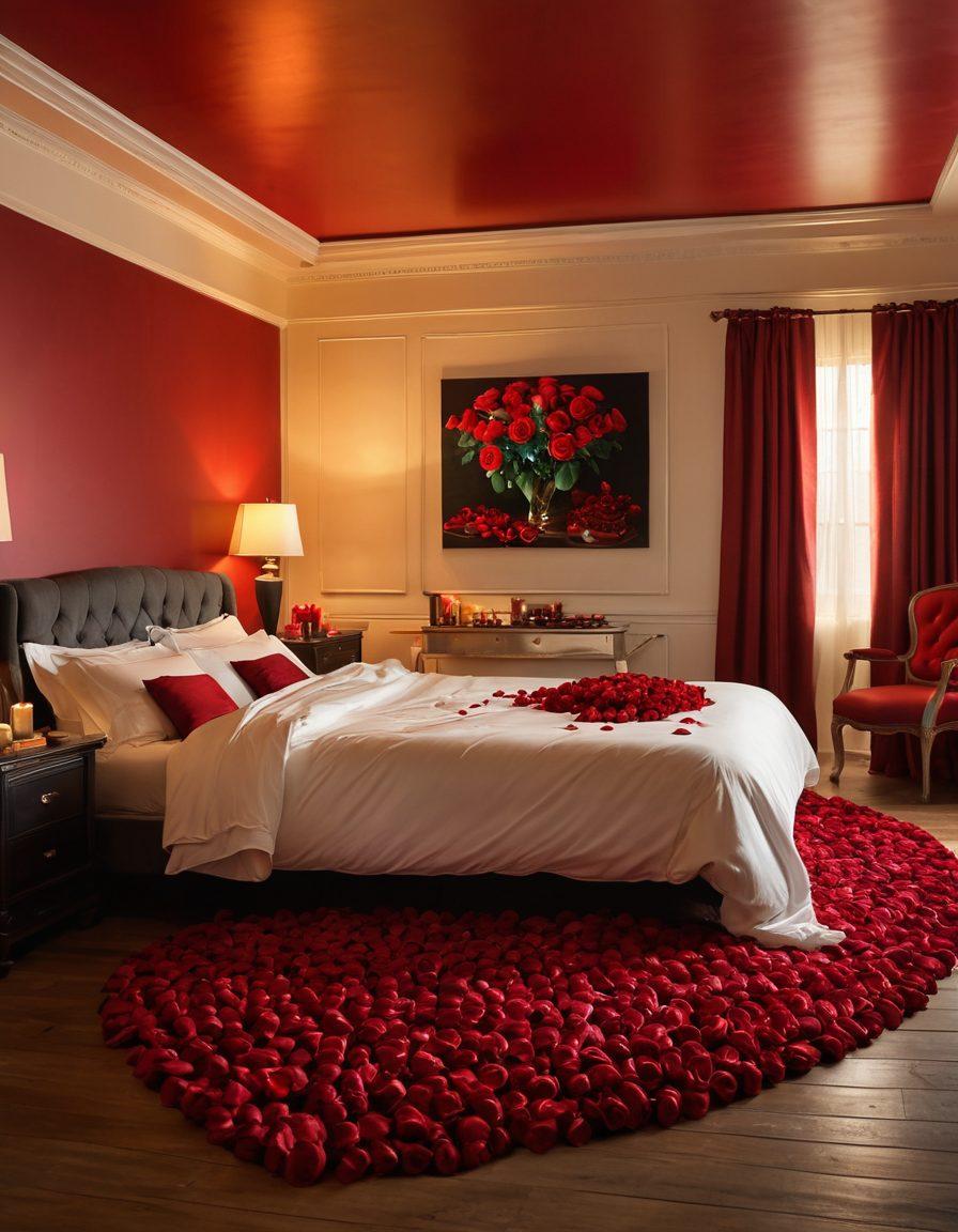 A captivating scene featuring a dimly lit luxurious bedroom with satin sheets and soft candlelight illuminating two silhouettes engaged in a tender embrace. Lush red roses scattered around create an atmosphere of intimacy, while tasteful artwork adorns the walls. The background should hint at a movie projector casting alluring images onto a screen. A subtle glow enhances the romantic mood. super-realistic. vibrant colors. warm lighting.