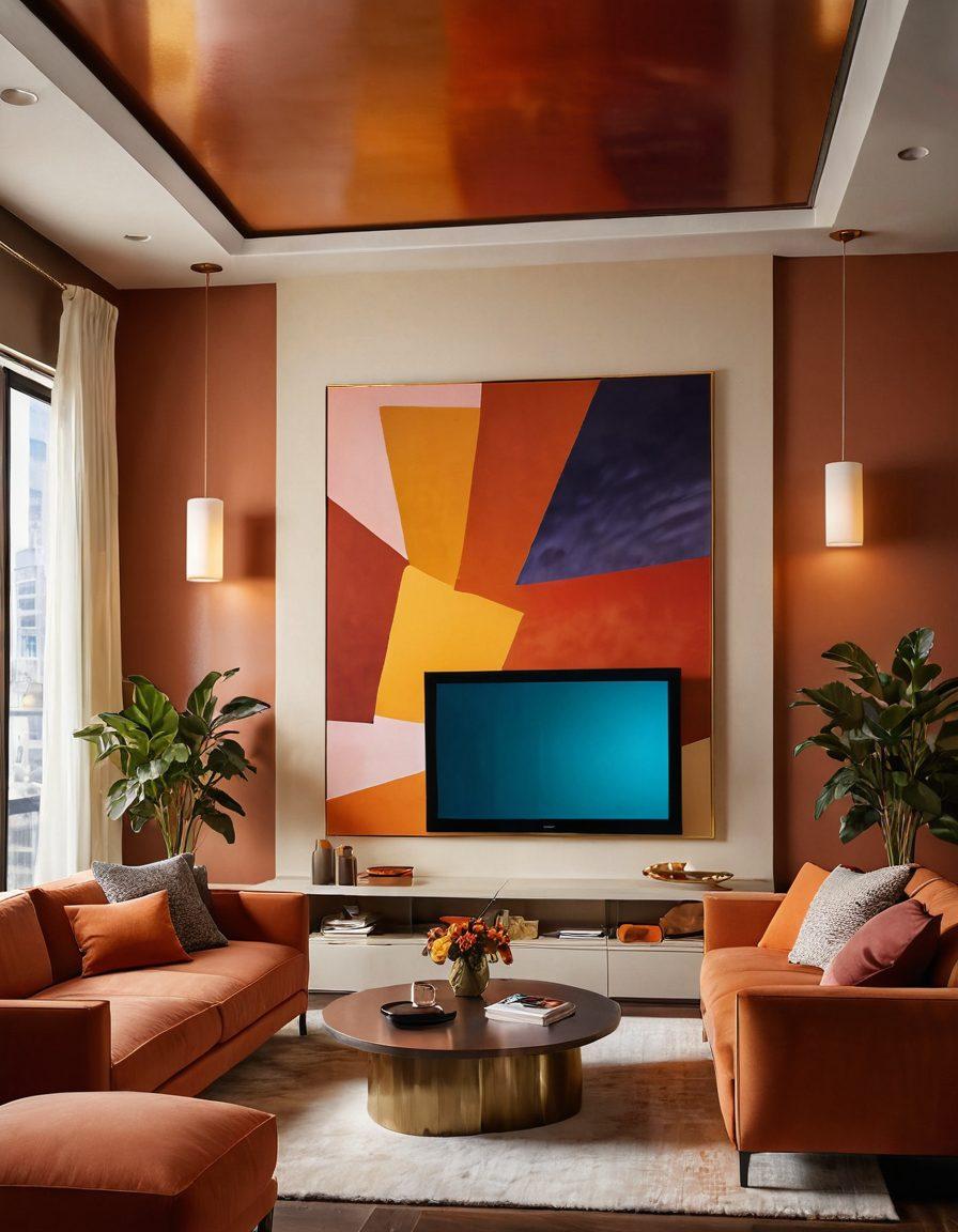 A cozy, intimate setting with a soft-lit room featuring a large screen displaying visually striking abstract shapes and colors. Include a couple lounging on a plush sofa, looking at the screen with expressions of enjoyment and connection. Add subtle hints of technology, like tablets and smartphones, on a nearby coffee table. Emphasize warmth and intimacy, creating a mood that celebrates connection through modern media. super-realistic. warm colors. soft lighting.